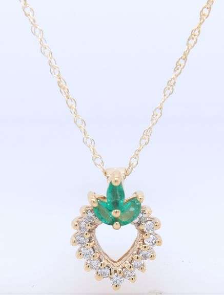 14kt Yellow Gold Emerald and Diamond Heart Shaped Pendant on Chain