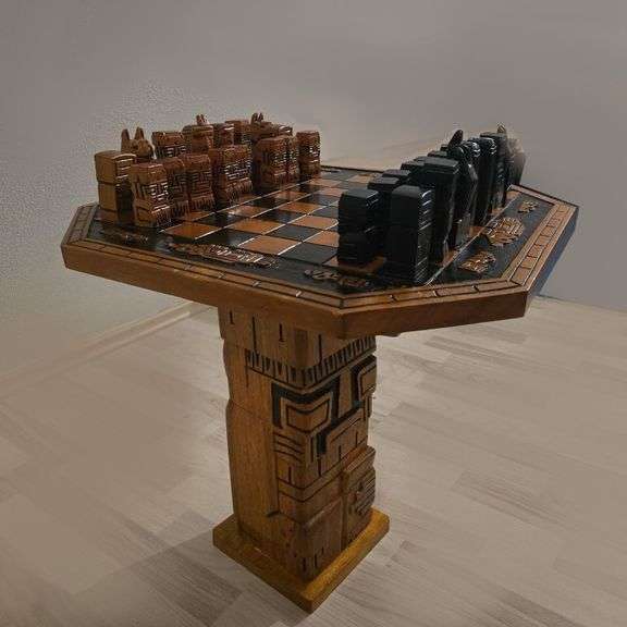 Collectors Hand-Carved Luxury Oak Wood Chess Set with Table