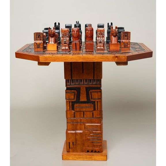 Collectors Hand-Carved Luxury Oak Wood Chess Set with Table