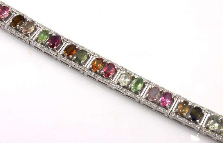 Sparkling 13.75CTW Oval Emerald-Cut Multi Colored Tourmaline & 2.02CTW Diamond Bracelet in 14K White