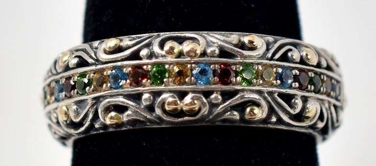 Colorful CZ Gemstone Ring in Sterling Silver with 18K Yellow Gold Plating