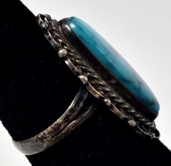 Turquoise Ring with Ornamental Housing in Sterling Silver