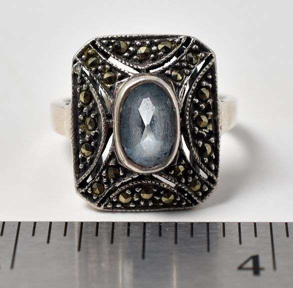 Blue Topaz and Marcasite Ring in Sterling Silver
