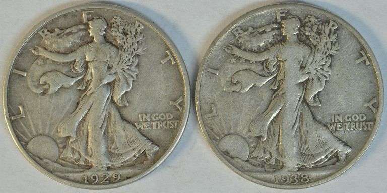 Sharp 1929-D in XF and scarce 1938-D in VF Walking Liberty Halves