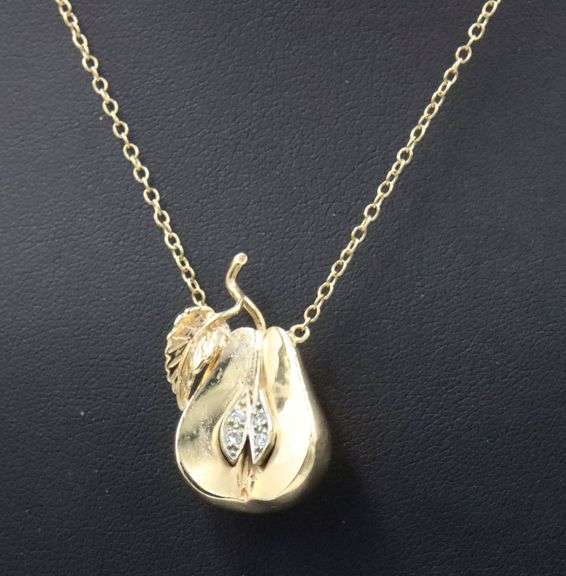 14kt Yellow gold diamond pear fruit pendant on chain