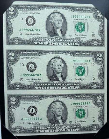 Uncut Sheet of Three 2003A $2 FR Notes