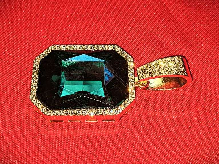 14 K Gold Plated Huge 62.5 Ct Simulated Emerald Diamond Pendant