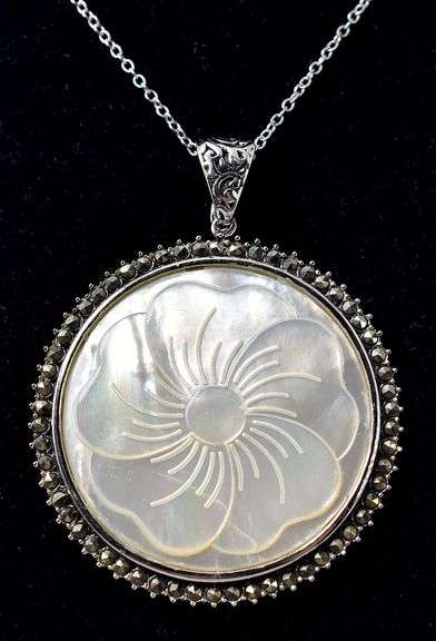 Mother of Pearl and Marcasite Gemstone Pendant Necklace in Sterling Silver