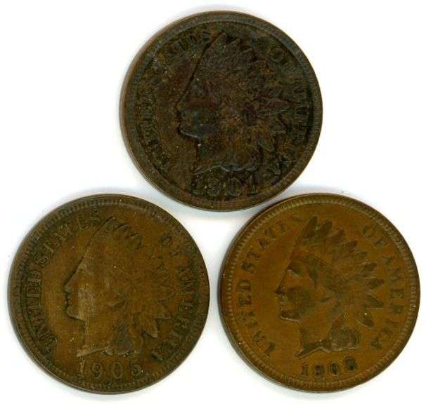 Three Higher Grade Circulated Indian Head Cents: 1901, 1905, 1908
