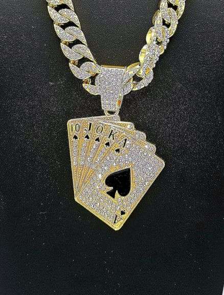 Dazzling Huge 178 Gram 14 Kt Yellow Gold Plate Royal Flush Chain Necklace Pendant