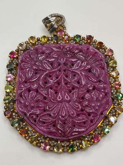Massive 97.80ct Hand-Carved Natural Ruby Pendant with 1.28ct Diamonds & 6.00ct Tourmaline in Sterlin