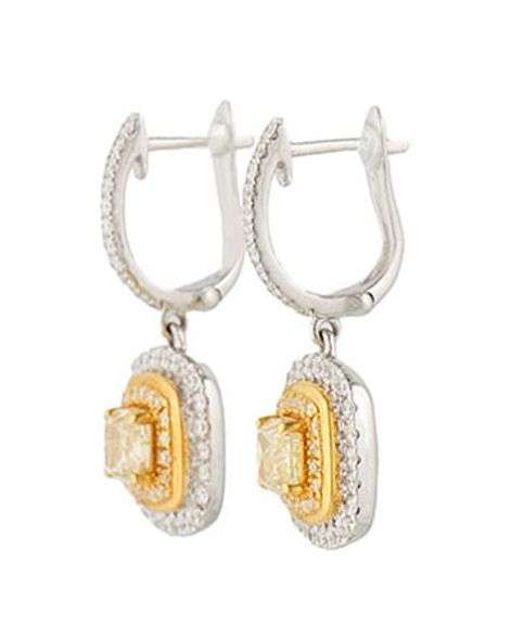 New 1.20ctw Cushion Fancy Yellow Diamond Double Frame Drop Earrings in 18K