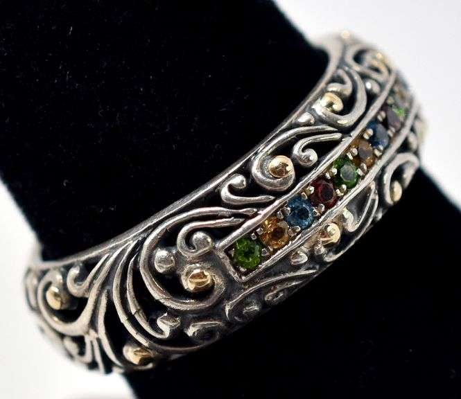 Colorful CZ Gemstone Ring in Sterling Silver with 18K Yellow Gold Plating