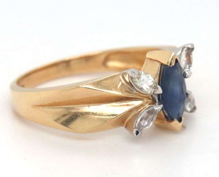 14kt Yellow gold marquise blue sapphire and white sapphire cocktail ring