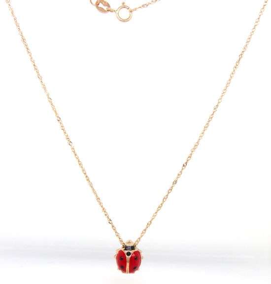 14kt Yellow gold Enamel lady bug pendant on chain