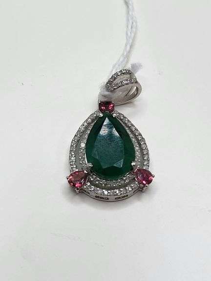 4.15ct Colombian Emerald Pendant with 0.35ct Natural Diamondsand 3 Sapphire in Sterling Silver