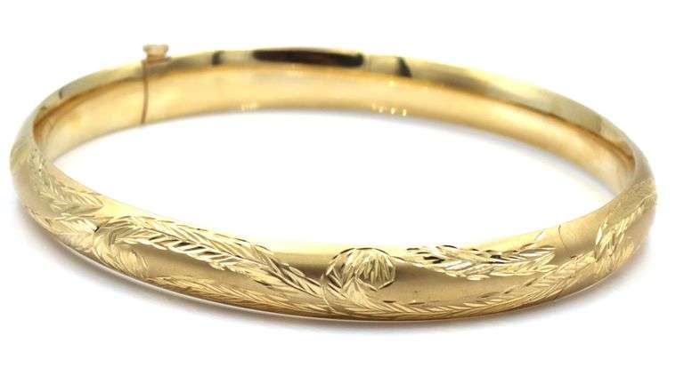 In Demand 14K YG 8" Etched Bangle