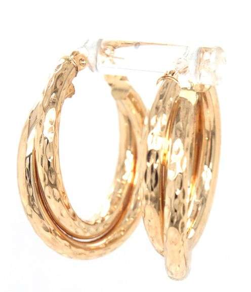 14kt Yellow gold diamond cut crossover hoop earrings