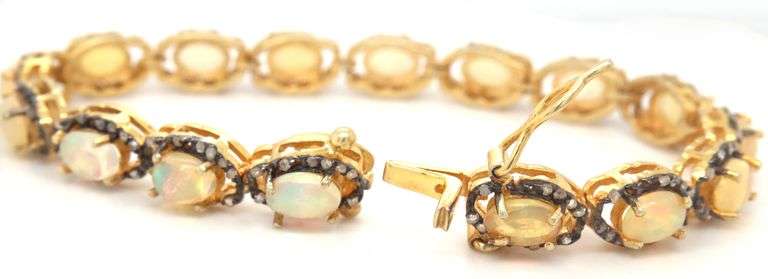 Fabulous 12.10CTW Oval Faceted Opal W/ Fire & Diamond Bracelet in 14K Yellow Gold Over Sterling Silv