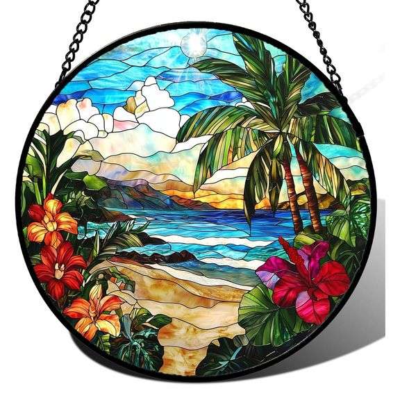 Tropical Beach Scene Stained Glass Suncatcher
