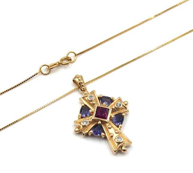 14kt Yellow gold Garnet, Tanzanite and diamond accent cross pendant on chain