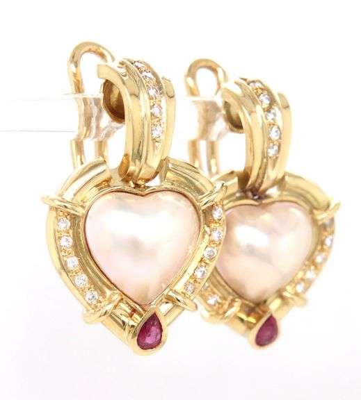 18kt Yellow gold heart mabe pearl, ruby and diamond accent earrings