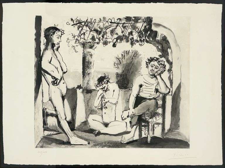 Rare Pablo Picasso Hand Signed Aquatint Bacchanale, 1955