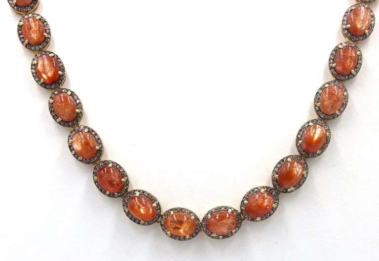 Enchanting 20.50CTW Oval Cabochon-Cut Sunstone Gemstone & 3.60CTW Diamond Tennis Necklace in 14K Yel