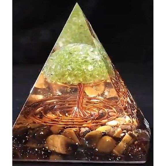 Tree of Life Peridot and Tiger's Eye Crystal Pyramid
