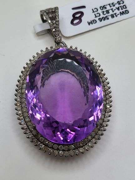 Striking 51.50ct Ovel-Cut Amethyst Pendant with 1.82ct Natural Diamonds in Sterling Silver