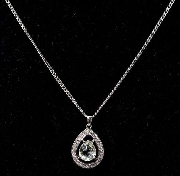 Aquamarine and CZ Gemstone Pendant Necklace in Sterling Silver