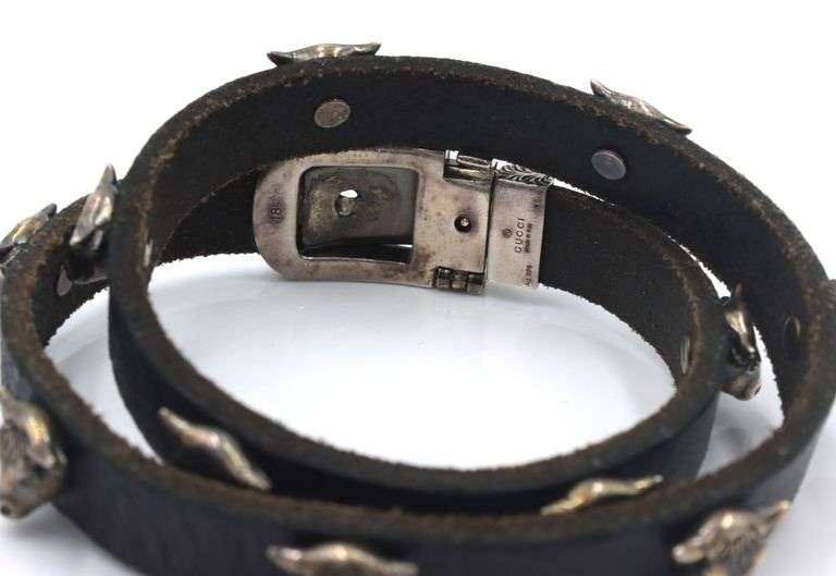 Gucci Anger forest bull head silver and leather wrap bracelet