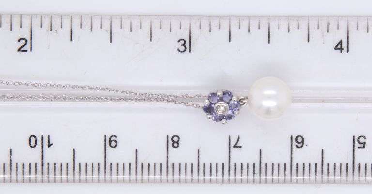 10kt White gold Pearl, Tanzanite and diamond pendant on chain