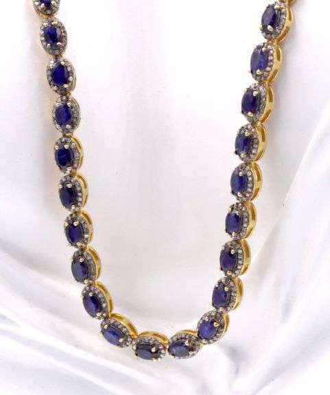 Amazing 17.23CTW Oval Shaped Emerald-Cut Blue Sapphire & 5.00CTW Diamonds Necklace in 14K Yellow Gol