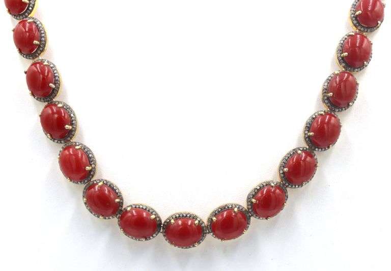 Fantastique 42.50CTW Oval Cabochon-Cut Corals & 3.75CTW Diamond Necklace in 14K Yellow Gold Over Ste