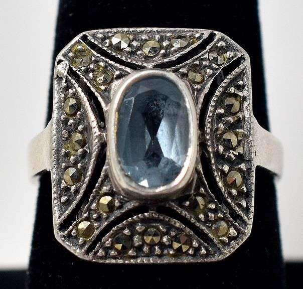 Blue Topaz and Marcasite Ring in Sterling Silver