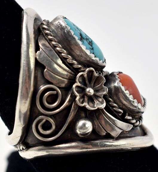 Turquoise and Coral Gemstone Ring in Sterling Silver