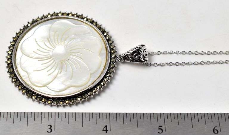 Mother of Pearl and Marcasite Gemstone Pendant Necklace in Sterling Silver