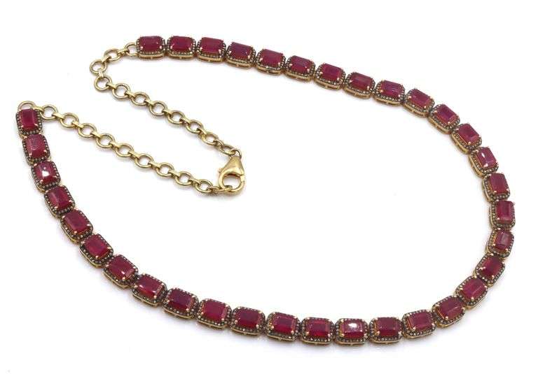 Amazing 40.00CTW Emerald-Cut Ruby & 3.50CTW Diamond Necklace in 14K Yellow Gold Over Sterling Silver