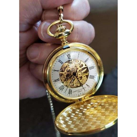 14K Gold-Plated Mechanical Skeleton Pocket Watch