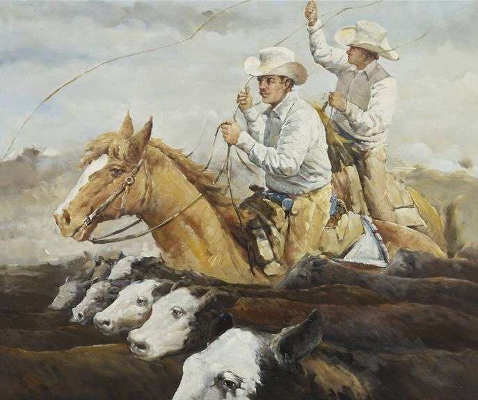 Large Original Oil on Canvas Cowboys Herding Cattle Framed