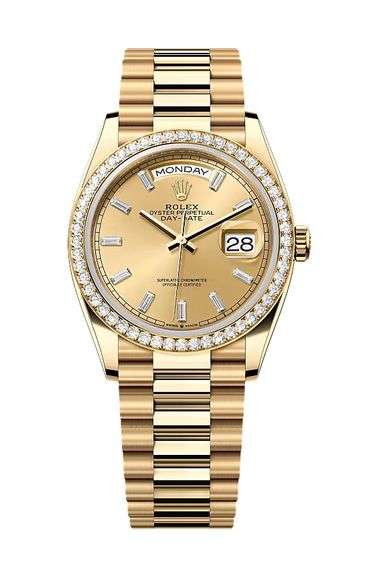 NEW! All original, Rolex Day-Date President 36mm – 18K Yellow Gold with Champagne Dial & Baguette Diamond Markers