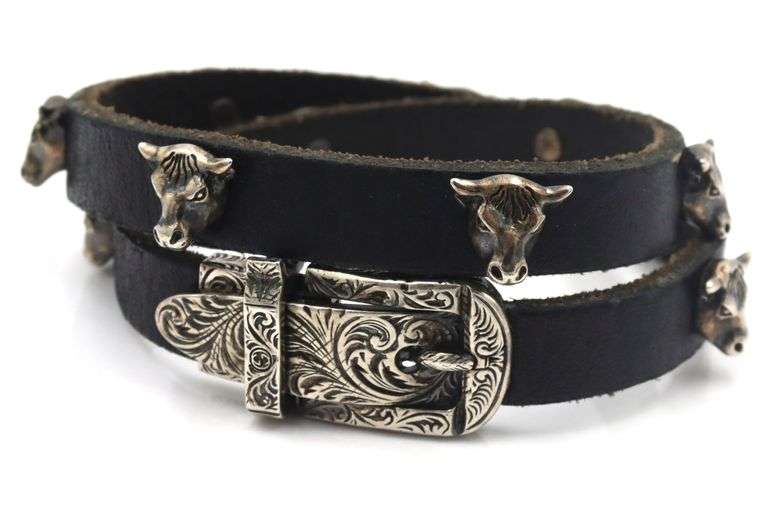Gucci Anger forest bull head silver and leather wrap bracelet