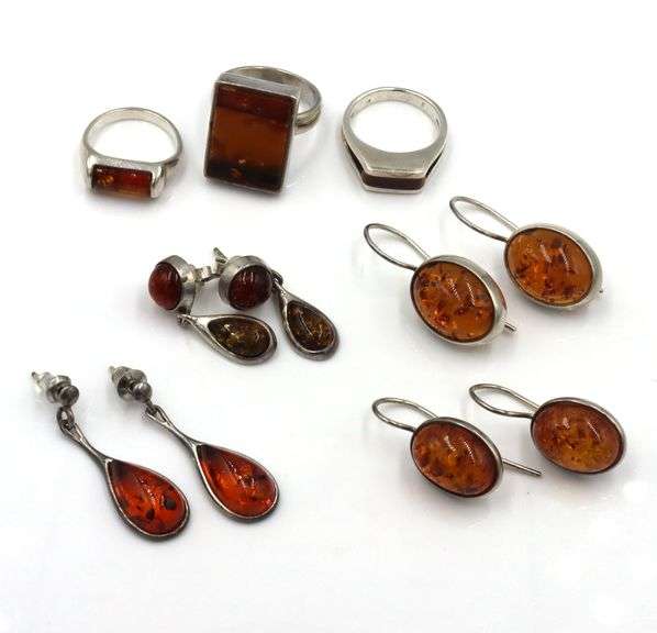 Group lot of vintage 925 sterling silver amber jewelry
