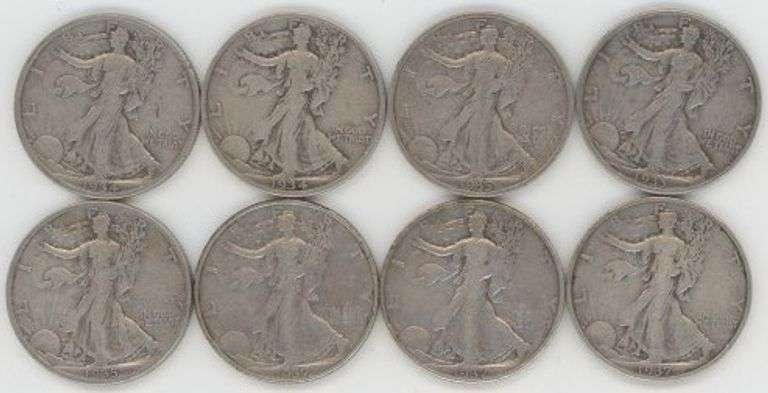 Nice mostly XF lot of 8 better Walking Liberty Half Dollars 1934-D to 1937-S