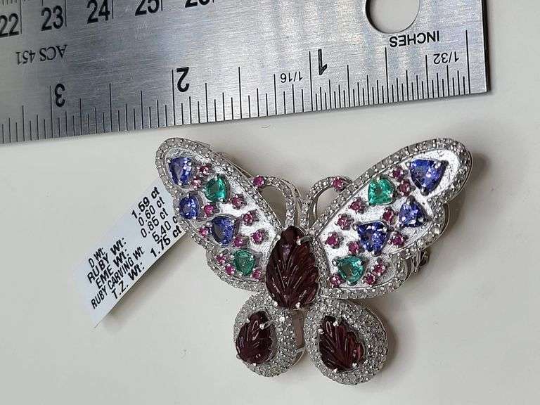 Artistic Butterfly Pendant in Sterling Silver with 5.40ct Hand-Carved Ruby, 1.59ct Diamonds, 0.60ct 