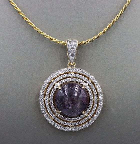 Stunning Massive 25.58CTS Round Cabochon-Cut Star Ruby & 3.40CTW White Sapphire Pendant Necklace on 