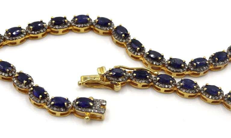 Amazing 17.23CTW Oval Shaped Emerald-Cut Blue Sapphire & 5.00CTW Diamonds Necklace in 14K Yellow Gol