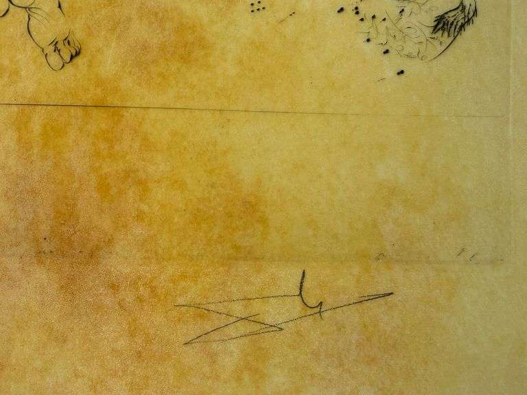 Rare Salvador Dali Pencil Signed Etching on Parchment Paper from 'Roi je t'attends à Babylone' suite