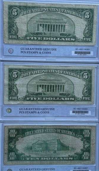 $5 1934 D $5 1953 A $10 1934 A Silver Certificates.